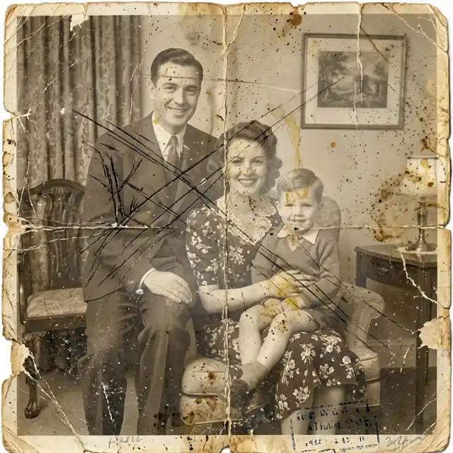 Original MH-E1 damaged family portrait with dense scratches, cracks, stains and edge damage.