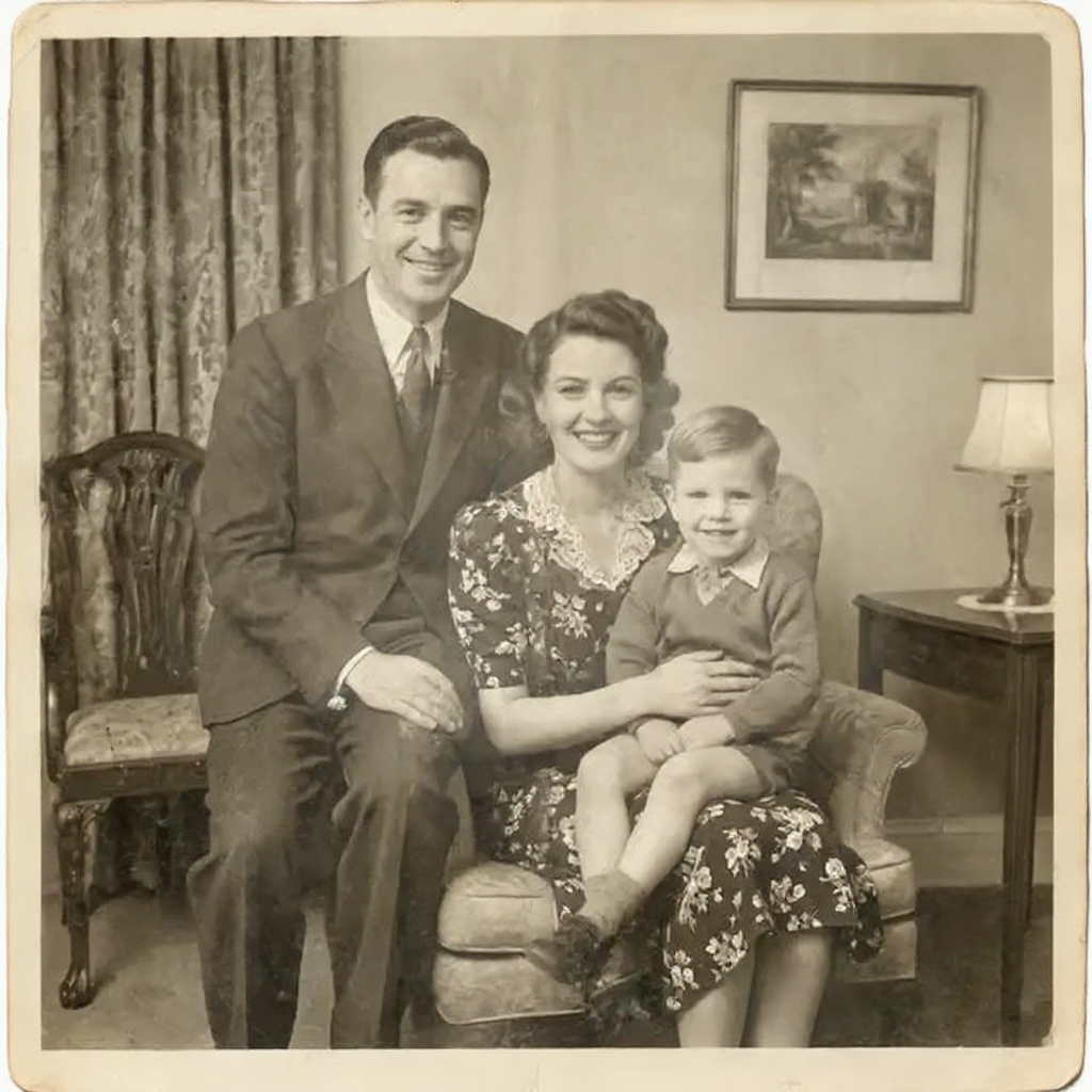 Exact supplied Memory Haus MH-E1 restoration output, showing a cleaned three-person family portrait.