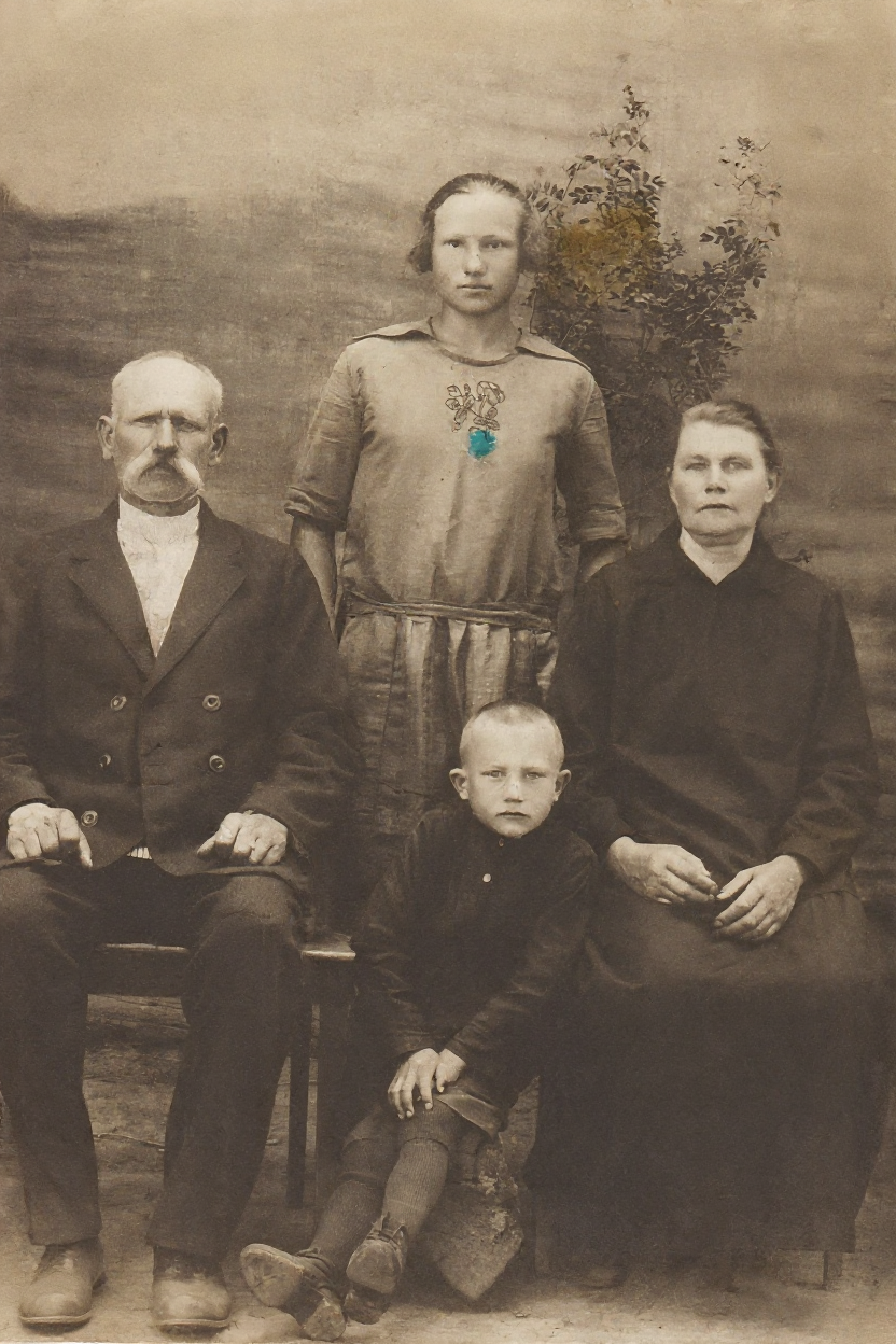 Supplied Memory Haus MH-E2 restoration output showing a cleaned four-person portrait.