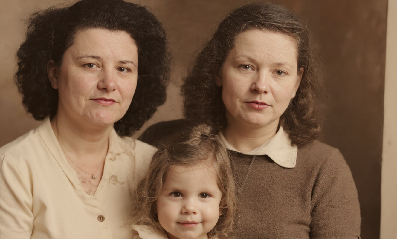 Exact supplied Memory Haus MH-E3 restoration output, showing a polished but substantially reinterpreted family portrait.