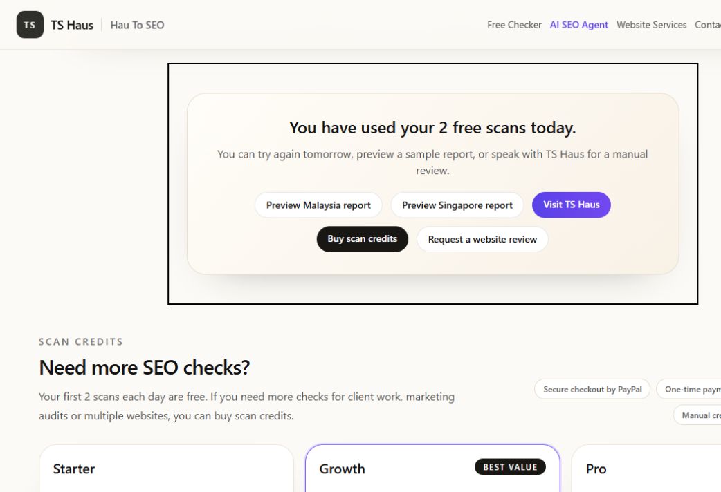 MY/SG SEO Checker shows its daily scan limit after two completed scans on 24 August 2026.